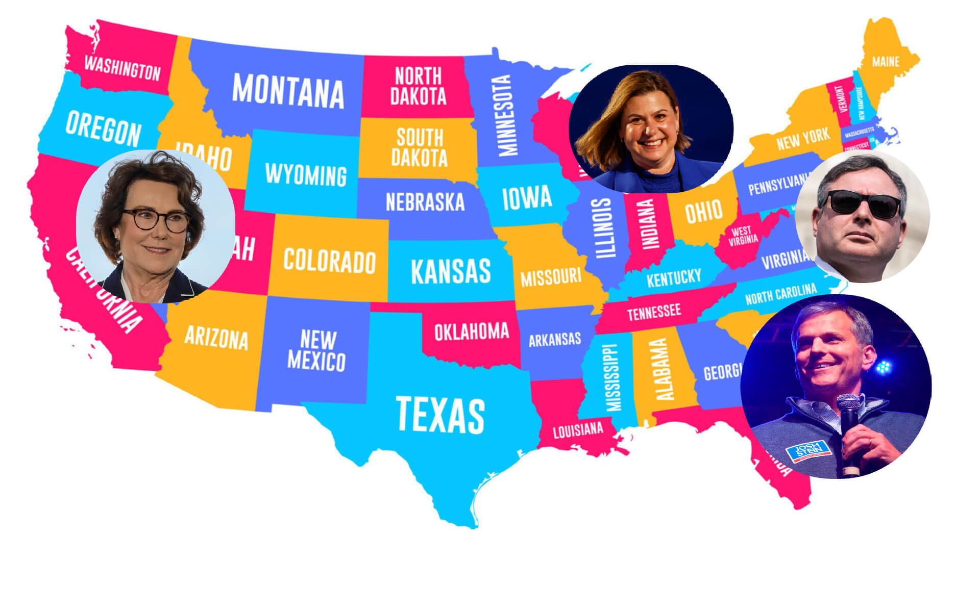 Clockwise from top: Michigan Senate candidate Elissa Slotkin, House candidate Eugene Vindman, gubernatorial candidate Josh Stein and U.S. Sen. Jacky Rosen.