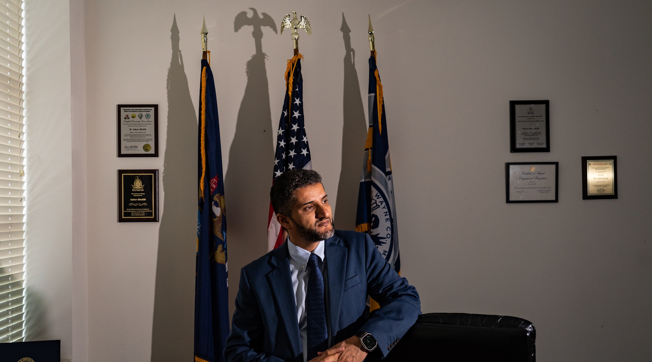 Hamtramck Mayor Amer Ghalib is photographed in his office at the City Hall in Hamtramck, Michigan, September 10, 2023. (Salwan Georges/The Washington Post via Getty Images)