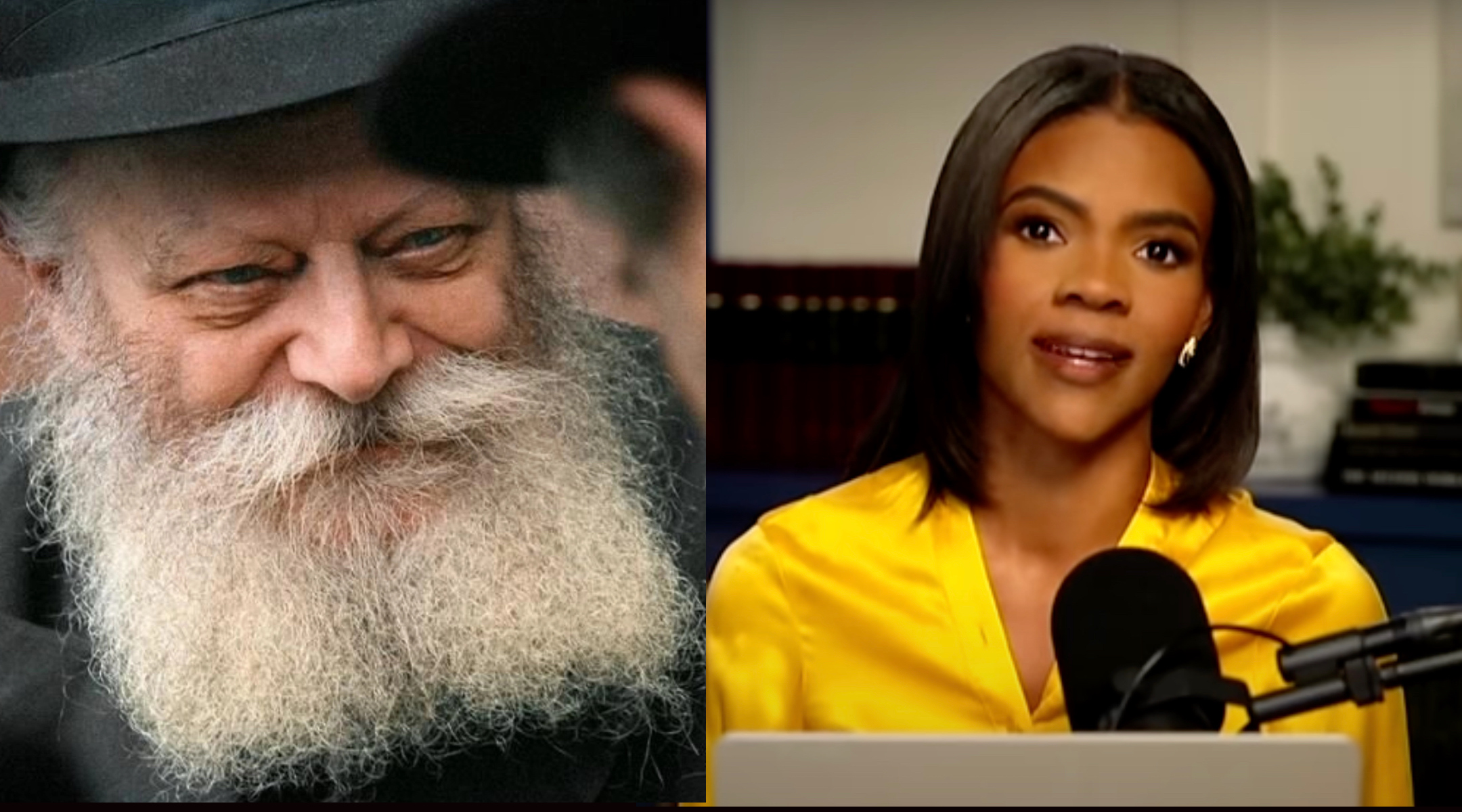 (L-r) Rabbi Menachem Mendel Schneerson, the father of the modern Chabad-Lubavitch movement, and far-right commentator Candace Owens. (Screenshot)