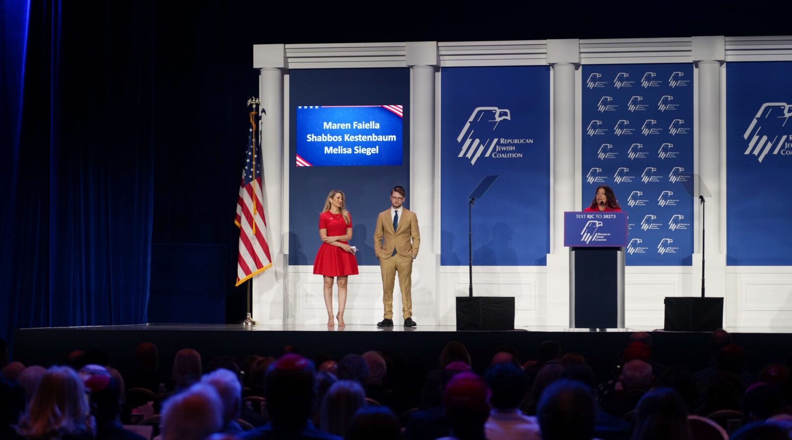 Shabbos Kestenbaum, center, on stage at the Republican Jewish Coalition’s annual convention in Las Vegas, Sept. 5, 2024. (Luke Tress)