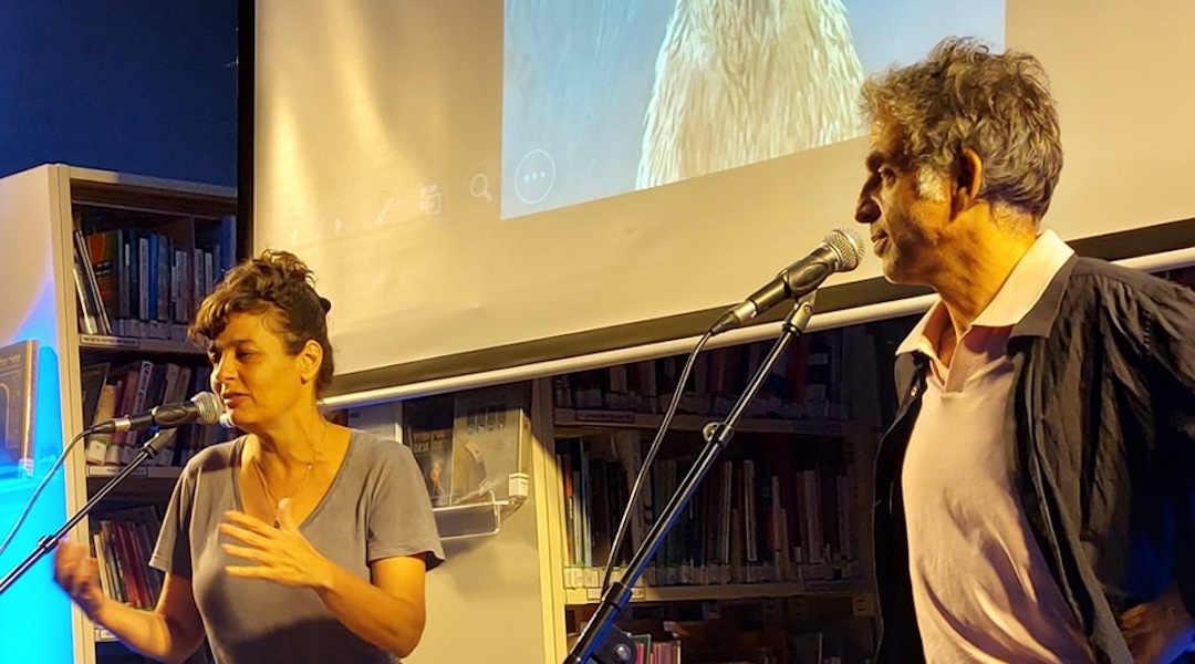 Etgar Keret and his wife Shira Geffen speak about their work in Ness Ziona, Israel, Aug. 28, 2024. (Via Facebook)