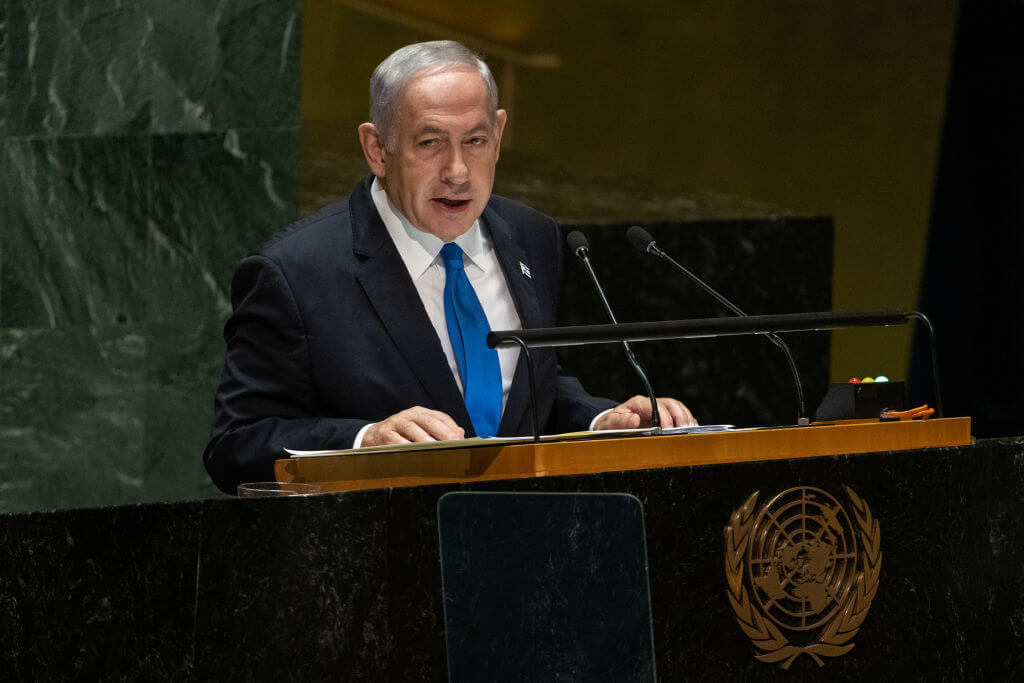 Israeli Prime Minister Benjamin Netanyahu at the United Nations General Assembly on Sept. 22, 2023. 