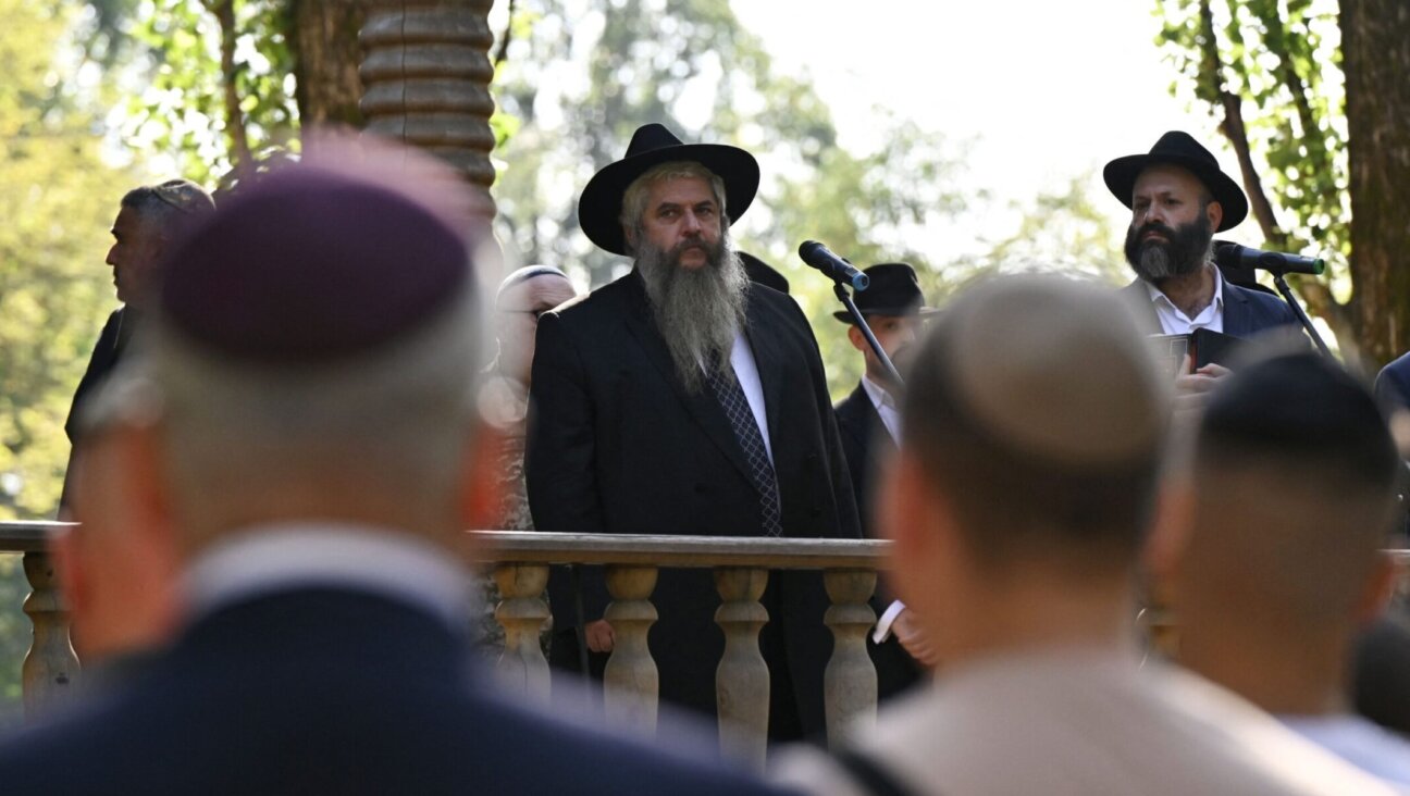 Rabbi Moshe Reuven Azman, a chief rabbi of Ukraine, speaks during the memorial ceremony marking the 82nd anniversary of the Babyn Yar massacre in Kyiv, Sept. 29, 2023. (Genya Savilov / AFP via Getty Images)