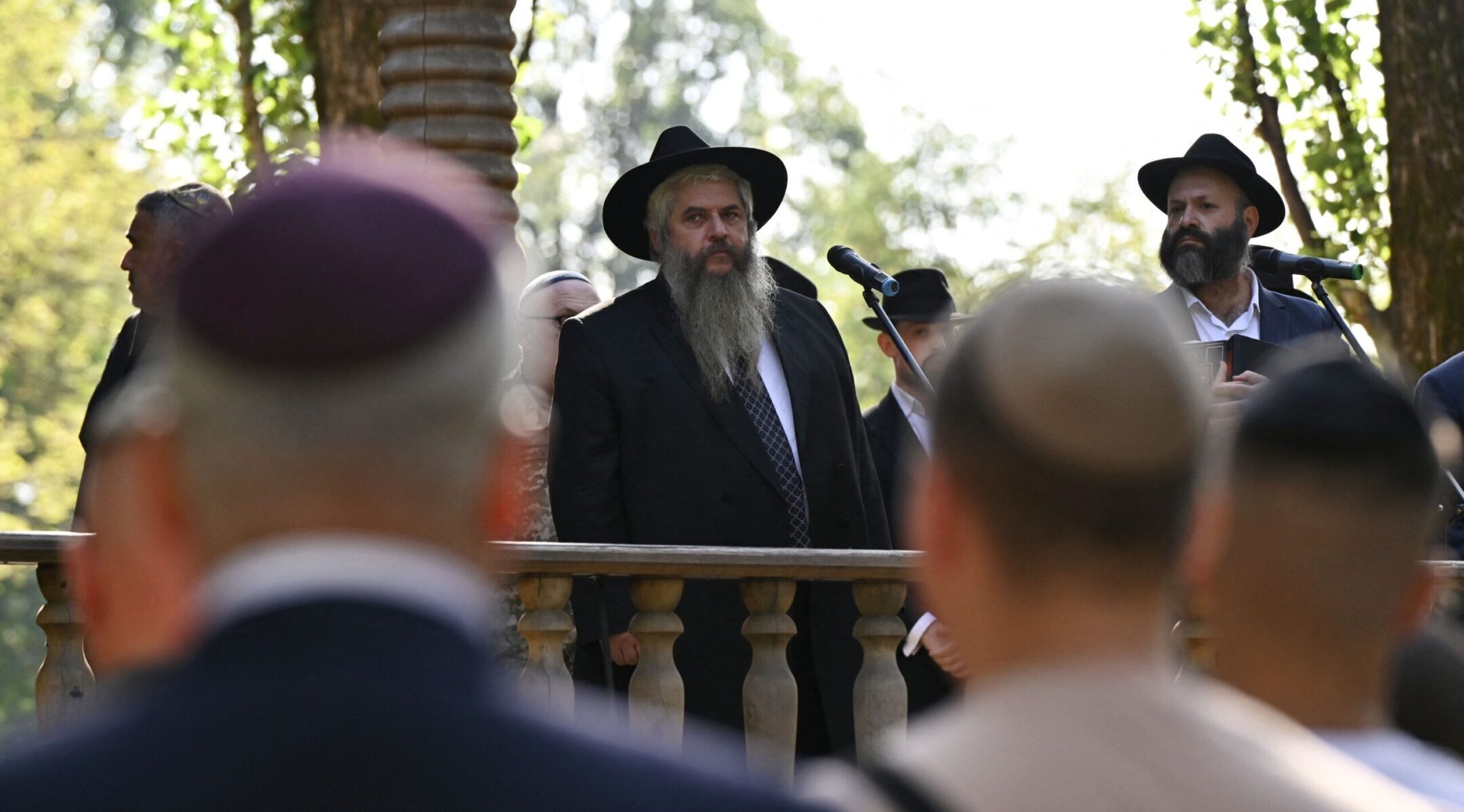 Rabbi Moshe Reuven Azman, a chief rabbi of Ukraine, speaks during the memorial ceremony marking the 82nd anniversary of the Babyn Yar massacre in Kyiv, Sept. 29, 2023. (Genya Savilov / AFP via Getty Images)