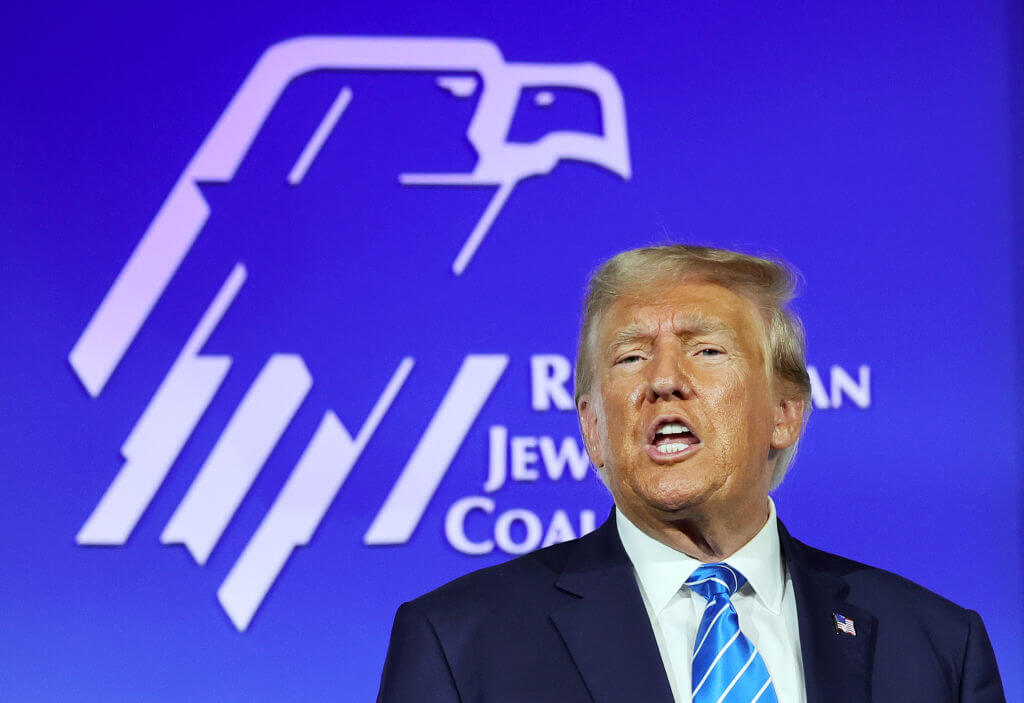 Former President Donald Trump at the Republican Jewish Coalition's annual leadership summit on Oct. 28, 2023. 