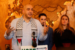 (Left to right) Abbas Alawieh, Dearborn Mayor Abdullah Hammoud and Layla Elabed, leaders of the Uncommitted movement, Feb. 28.