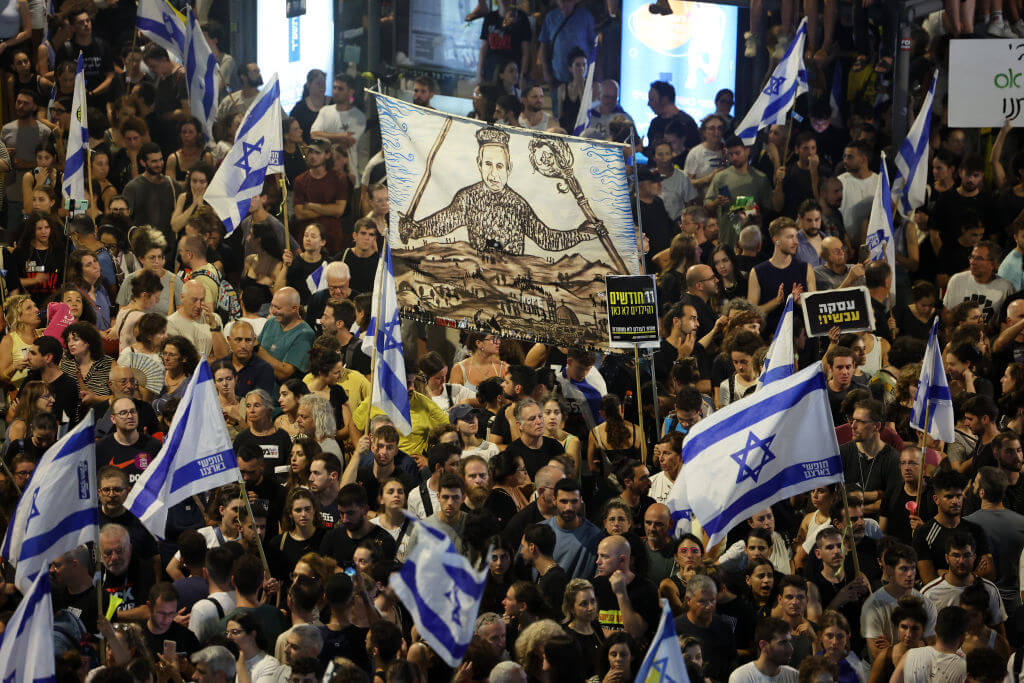 Protesters at an anti-government rally calling for the release of Israeli hostages, in Tel Aviv on September 1.