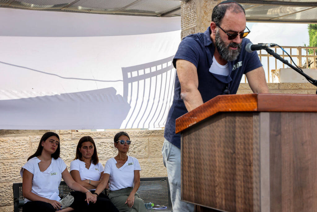 Jonathan Polin, father of killed American-Israeli hostage Hersh Goldberg-Polin, speaks during the funeral in Jerusalem on September 2, 2024.