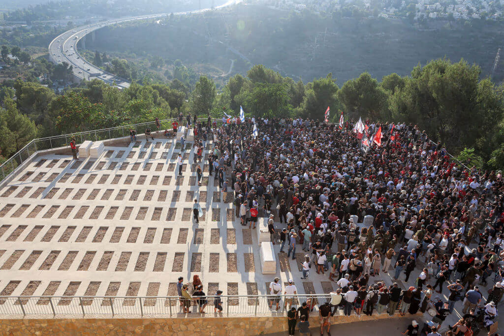 Mourners gather for the burial of killed American-Israeli hostage Hersh Goldberg-Polin in Jerusalem on September 2.