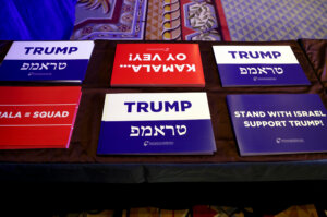 Campaign signs at the Republican Jewish Coalition's  annual conference in Las Vegas, Nevada on Sept. 5, 2024. 