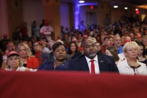 North Carolina Lt. Governor Mark Robinson sits with his wife, Yolanda Hill Robinson, during a campaign event for Republican presidential nominee Donald Trump in the state last month.