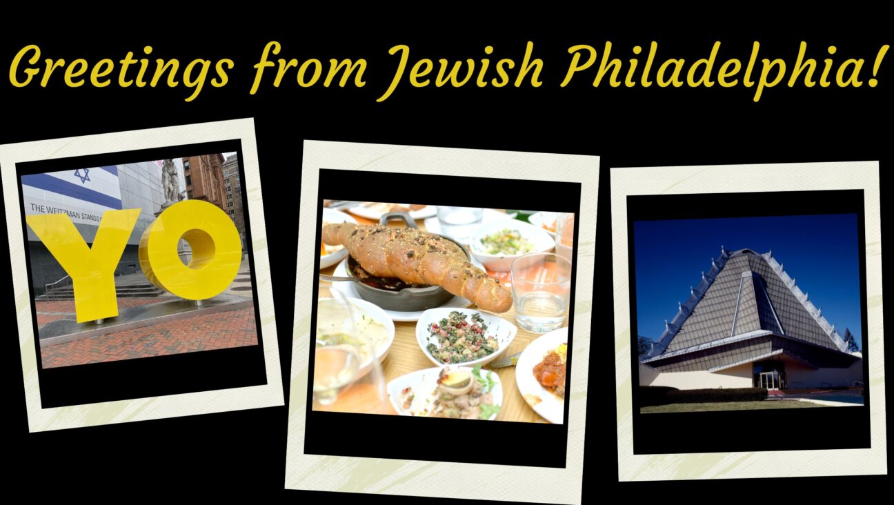 From left to right, "OY/YO" sculpture at Weitzman Museum; food prepared by Michael Solomonov; synagogue designed by Frank Lloyd Wright.