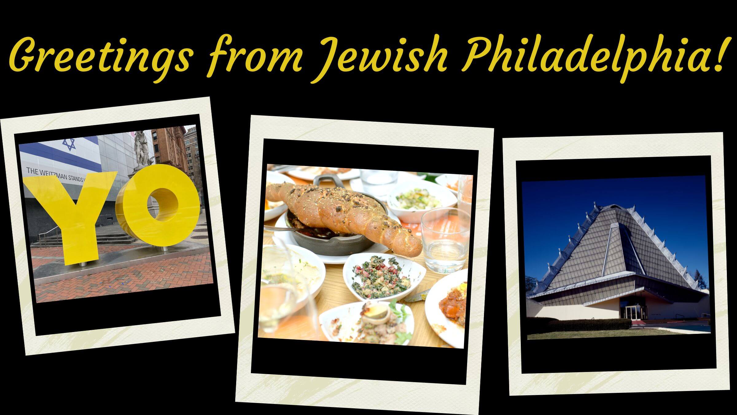 From left to right, "OY/YO" sculpture at Weitzman Museum; food prepared by Michael Solomonov; synagogue designed by Frank Lloyd Wright.