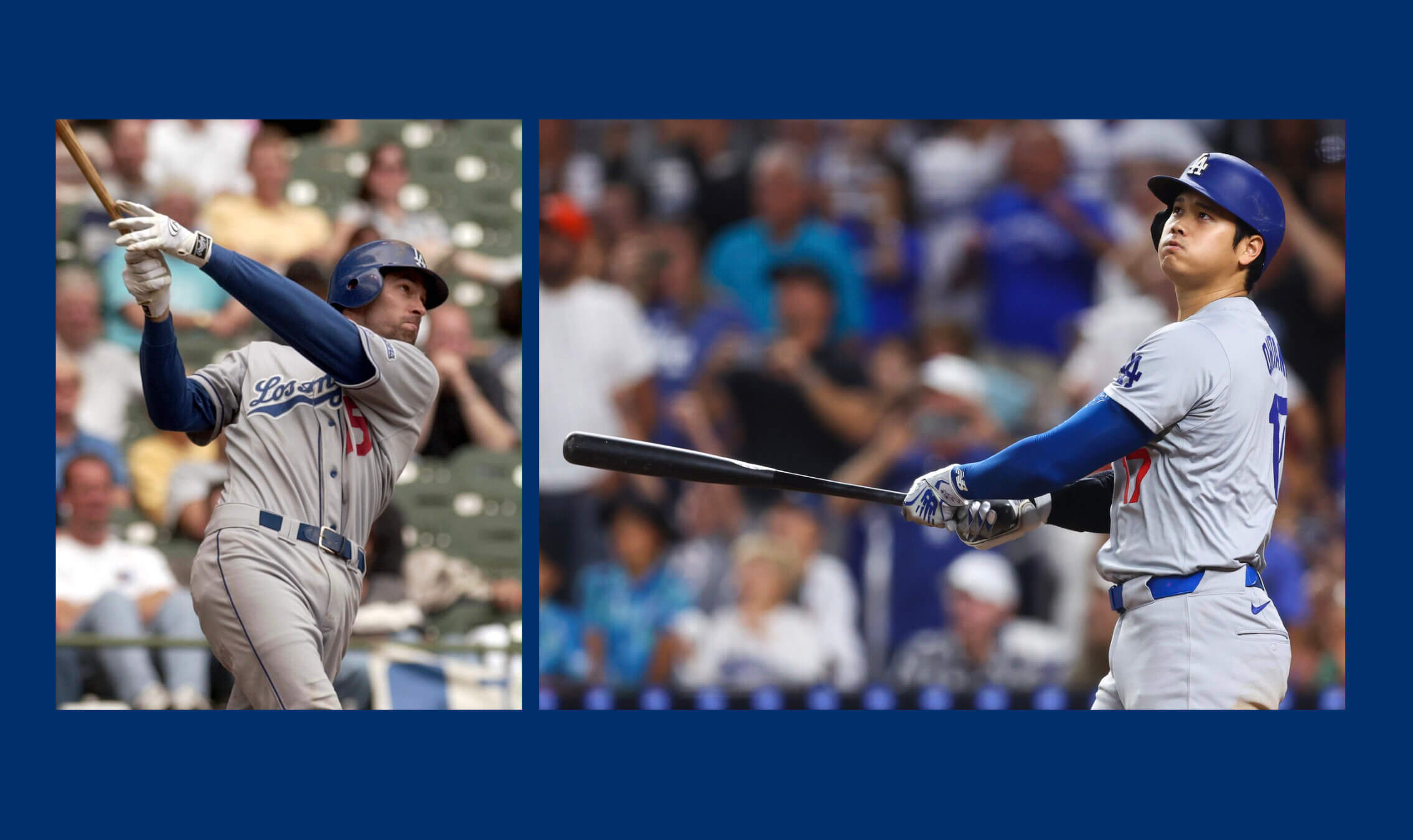 Shawn Green, left, hit 49 home runs in 2001, a Dodger record that stood until Shohei Ohtani broke it Thursday.