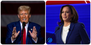 Former president Donald Trump at a campaign event in Michigan in August and Vice President Kamala Harris during a presidential primary debate in Oct. 2019.