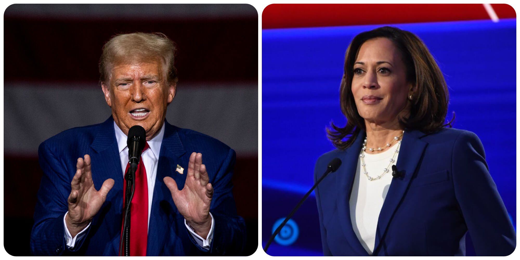 Former president Donald Trump at a campaign event in Michigan in August and Vice President Kamala Harris during a presidential primary debate in Oct. 2019.