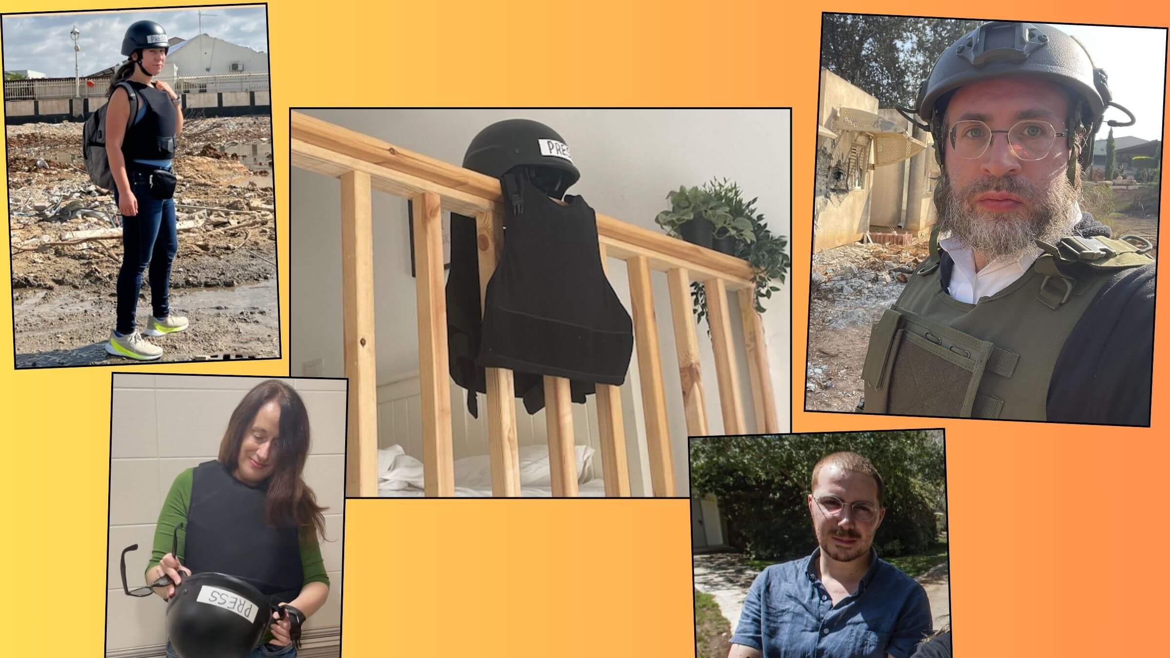 The <i>Forward</i> flak jacket and helmet hanging from a balcony in reporter Susan Greene's apartment in Jaffa, center. Clockwise from top left, our reporters in Israel: Laura Adkins, Jacob Kornbluh, Arno Rosenfeld and Greene. Kornbluh is wearing a different vest.
