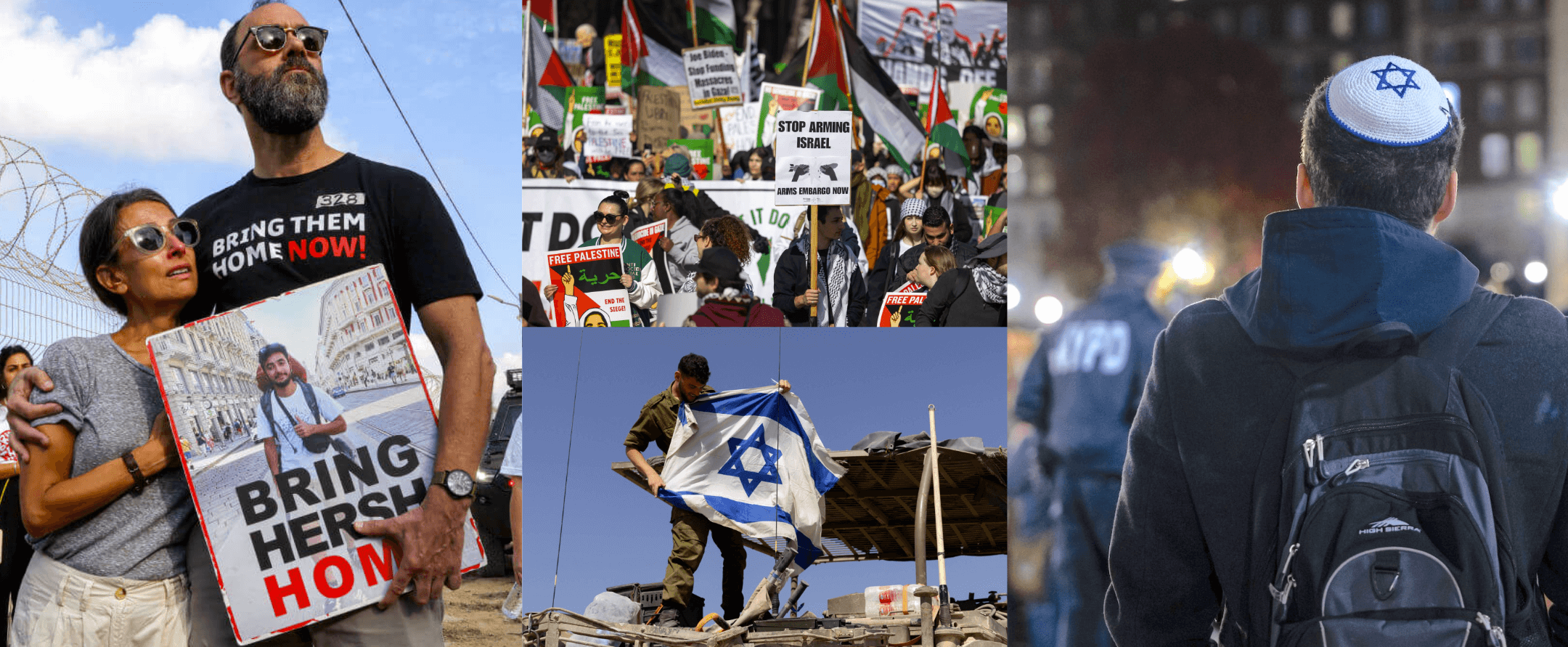 Rachel and Jon Goldberg Polin; Protesters with 'Free Palestine' signs; Israeli soldier with flag; student in kippah