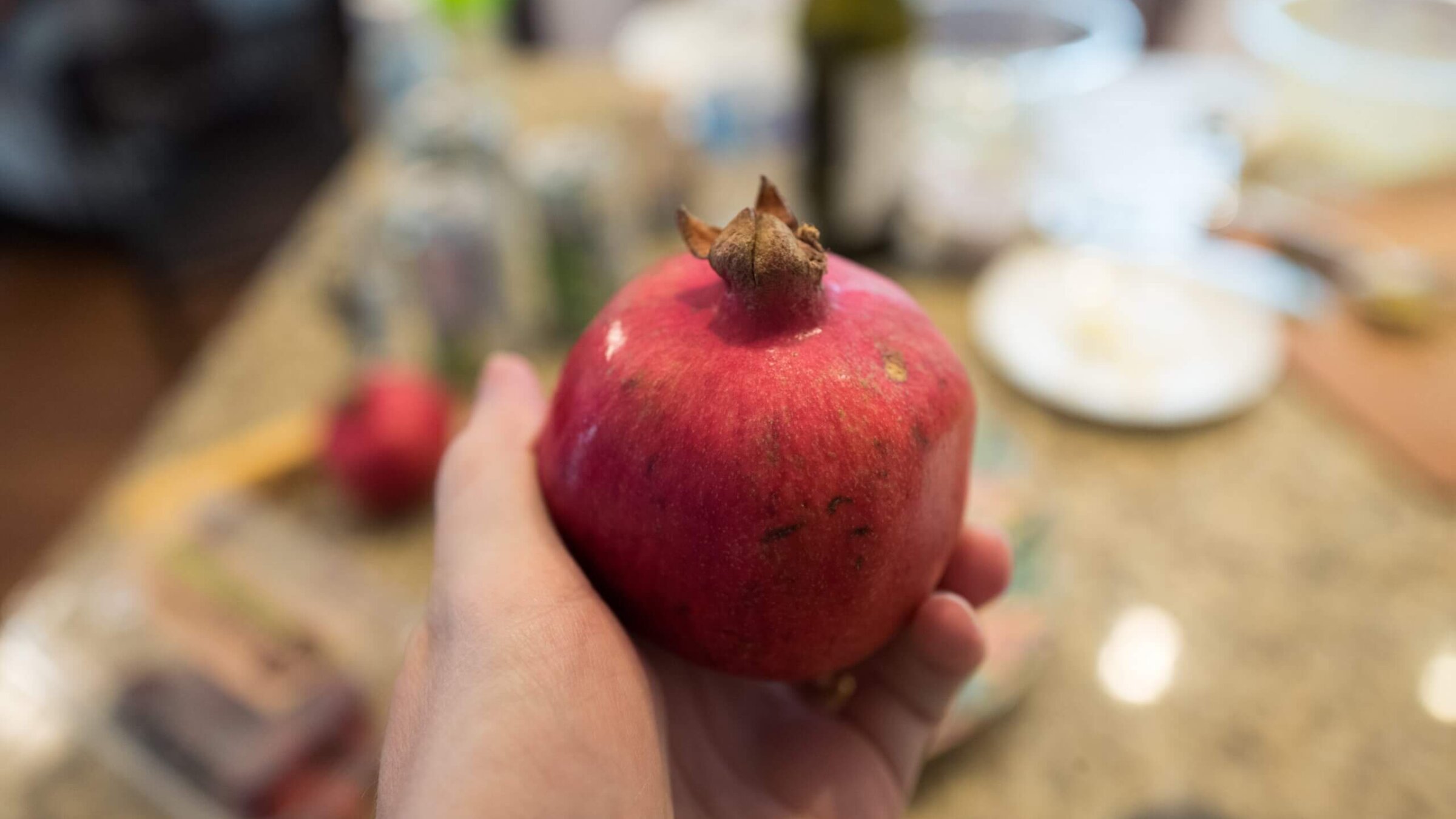 Hand of a man holding a pomegranate fruit on Rosh Hashanah. The pomegranate is considered a symbol of the holiday and of the 613 mitzvot. San Ramon, California, September 9, 2018.