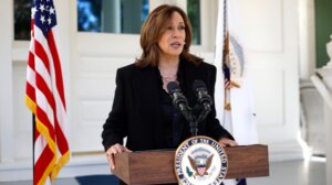 Democratic presidential nominee, U.S. Vice President Kamala Harris delivers remarks before departing the vice president’s residence, Oct. 23, 2024. (Kevin Dietsch/Getty Images)