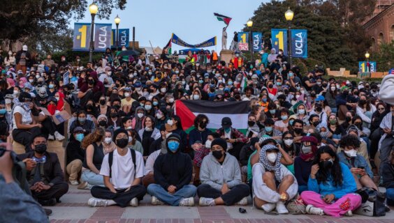 Pro-Palestinian students at UCLA campus set up encampment in support of Gaza and protest the Israeli attacks in Los Angeles, California, May 1, 2024. (Grace Yoon/Anadolu via Getty Images)