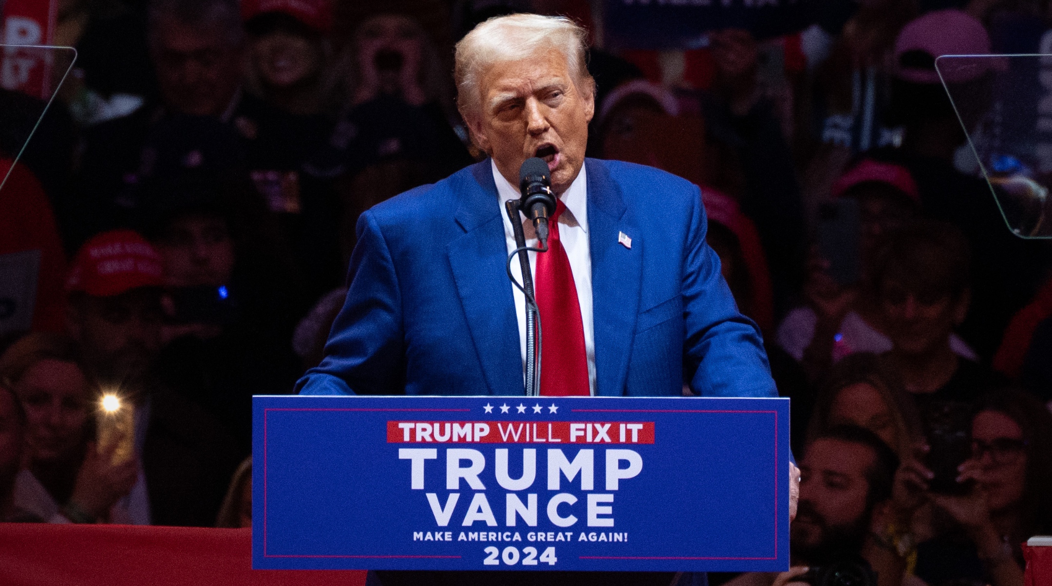 Former president Donald Trump speaks at a rally at Madison Square Garden, New York, Oct. 27, 2024. (Peter W. Stevenson /The Washington Post via Getty Images)