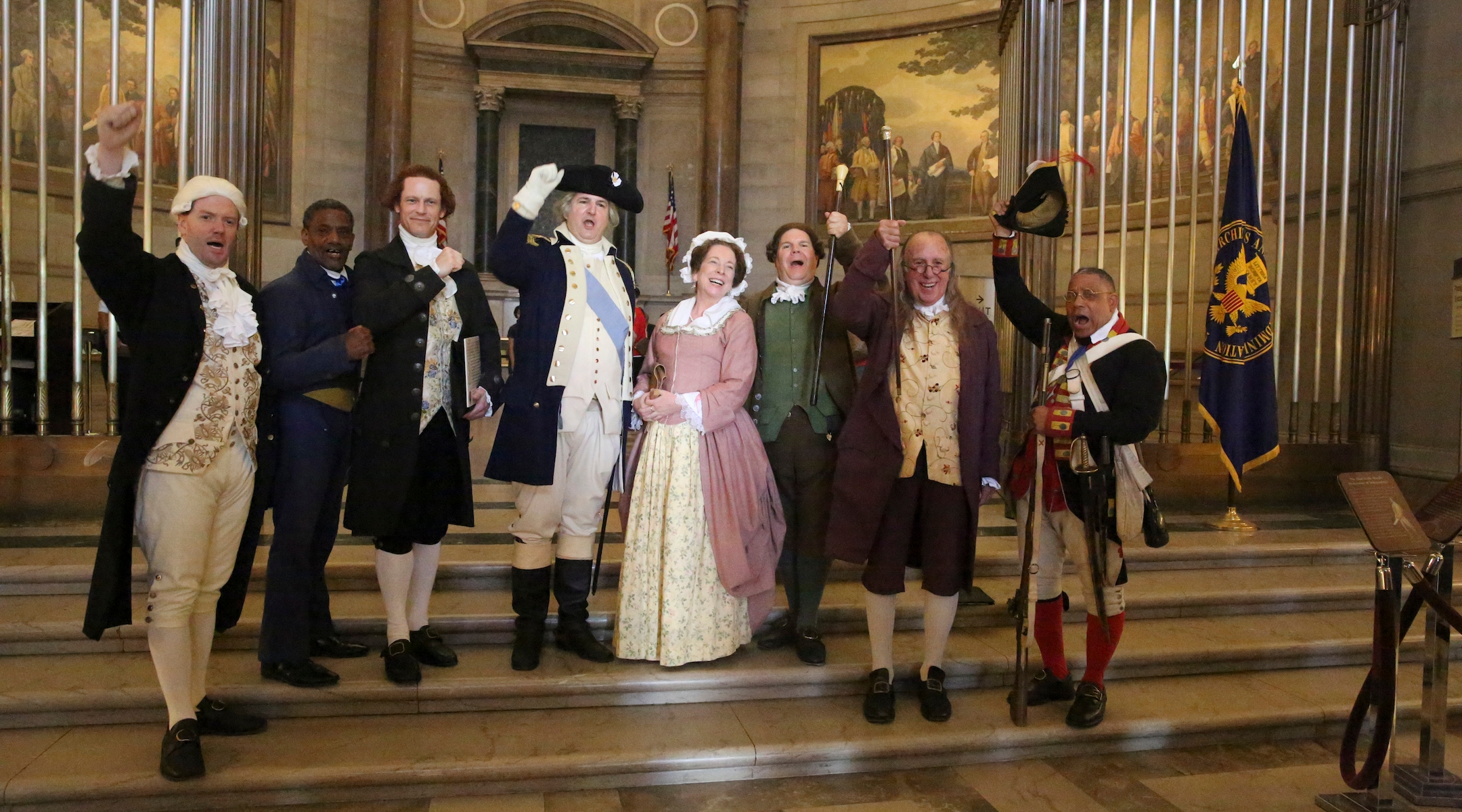 Historical re-enactors pose for a photo at the U.S. National Archives in Washington, D.C., on July 4, 2024. (NARA Photo by Susana Raab)