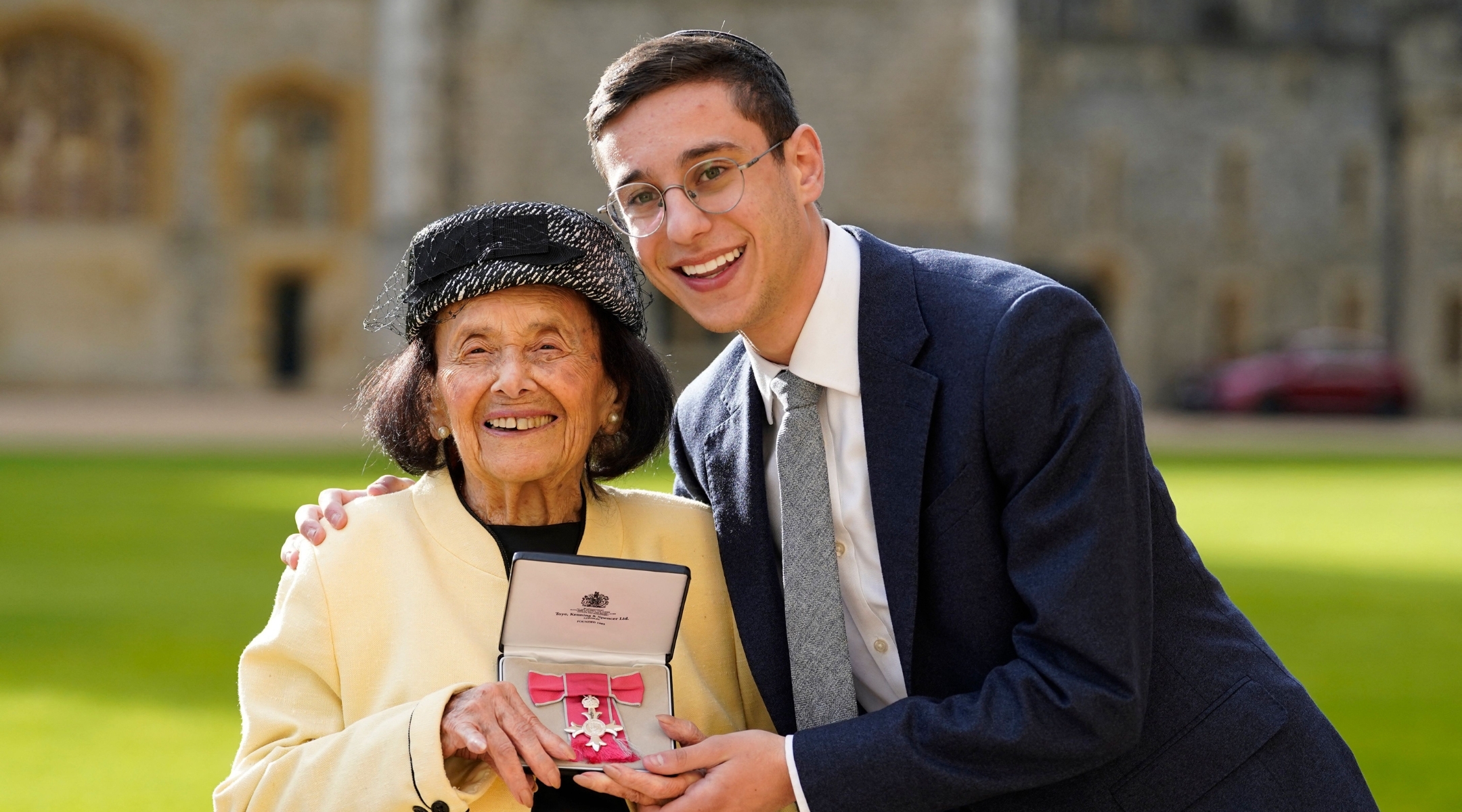 Lily Ebert, left, poses with her great-grandson Dov Forman after a ceremony where she was appointed a Member of the Order of the British Empire. (Andrew Matthews, AFP via Getty Images)