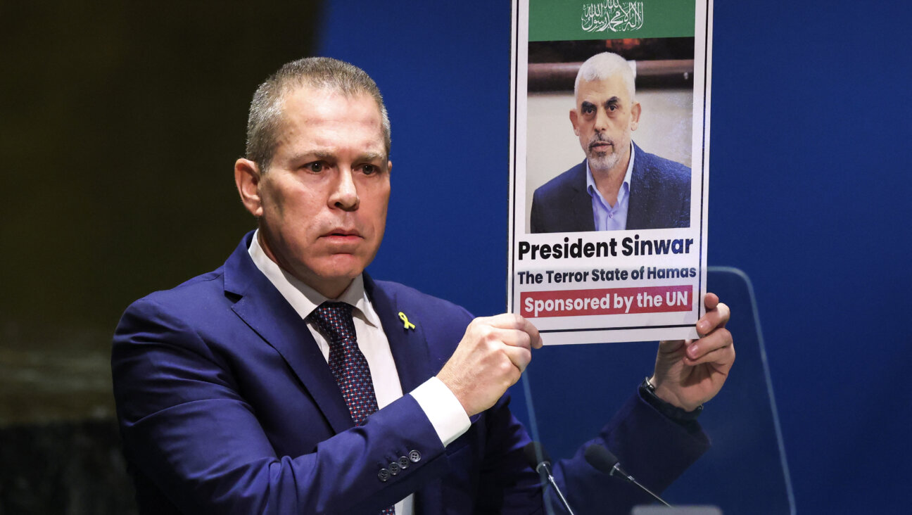 Israeli Ambassador to the U.N. Gilad Erdan holds up a picture of Hamas leader Yahya Sinwar during a special session of the U.N. General Assembly regarding the Palestinian bid for full membership to the U.N.