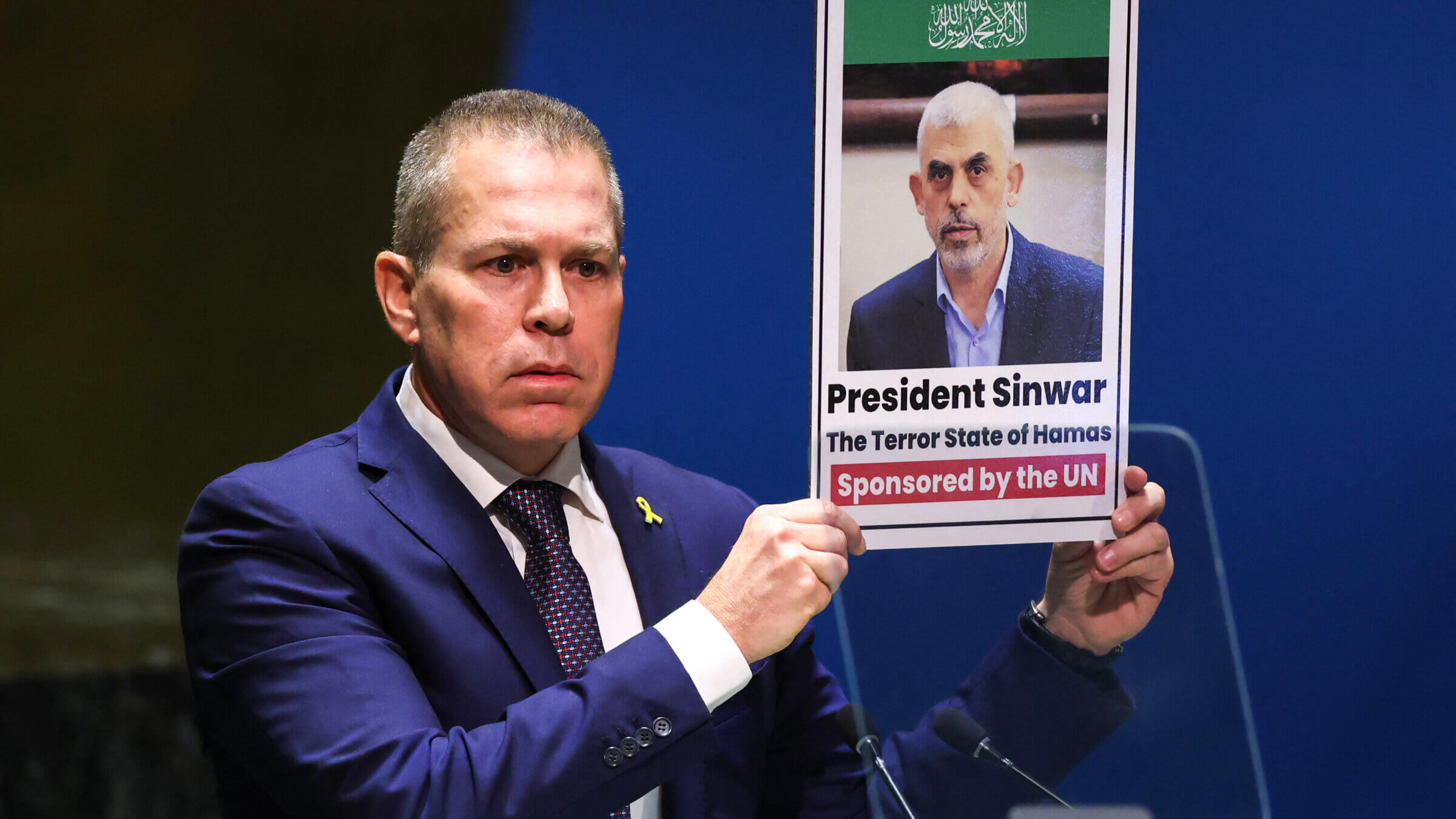 Israeli Ambassador to the United Nations Gilad Erdan holds up a picture of Hamas leader Yahya Sinwar during a special session of the UN General Assembly regarding the Palestinian bid for full membership to the UN, at UN headquarters in New York City on May 10, 2024. A veto from the United States during an April 18, 2024 UN Security Council meeting previously foiled the Palestinians' drive for full UN membership. 