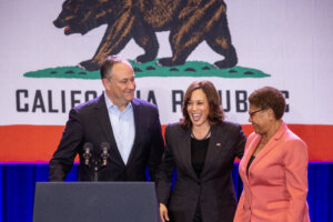 Second gentleman Douglas Emhoff, Vice President Kamala Harris and Los Angeles Mayor Karen Bass on Nov. 7, 2022 in Los Angeles, California. 