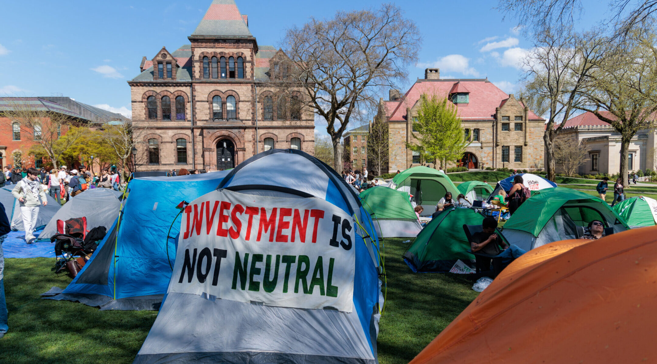 Brown University students call for divestment from their pro-Palestinian encampment on the campus’ Main Green in Providence, Rhode Island, April 24, 2024. (Anibal Martel/Anadolu via Getty Images)