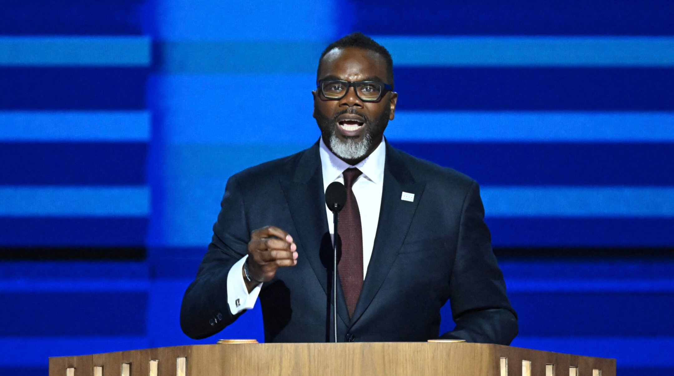 Chicago Mayor Brandon Johnson speaks on the first day of the Democratic National Convention in Chicago. (Mandel Ngan / AFP via Getty Images)