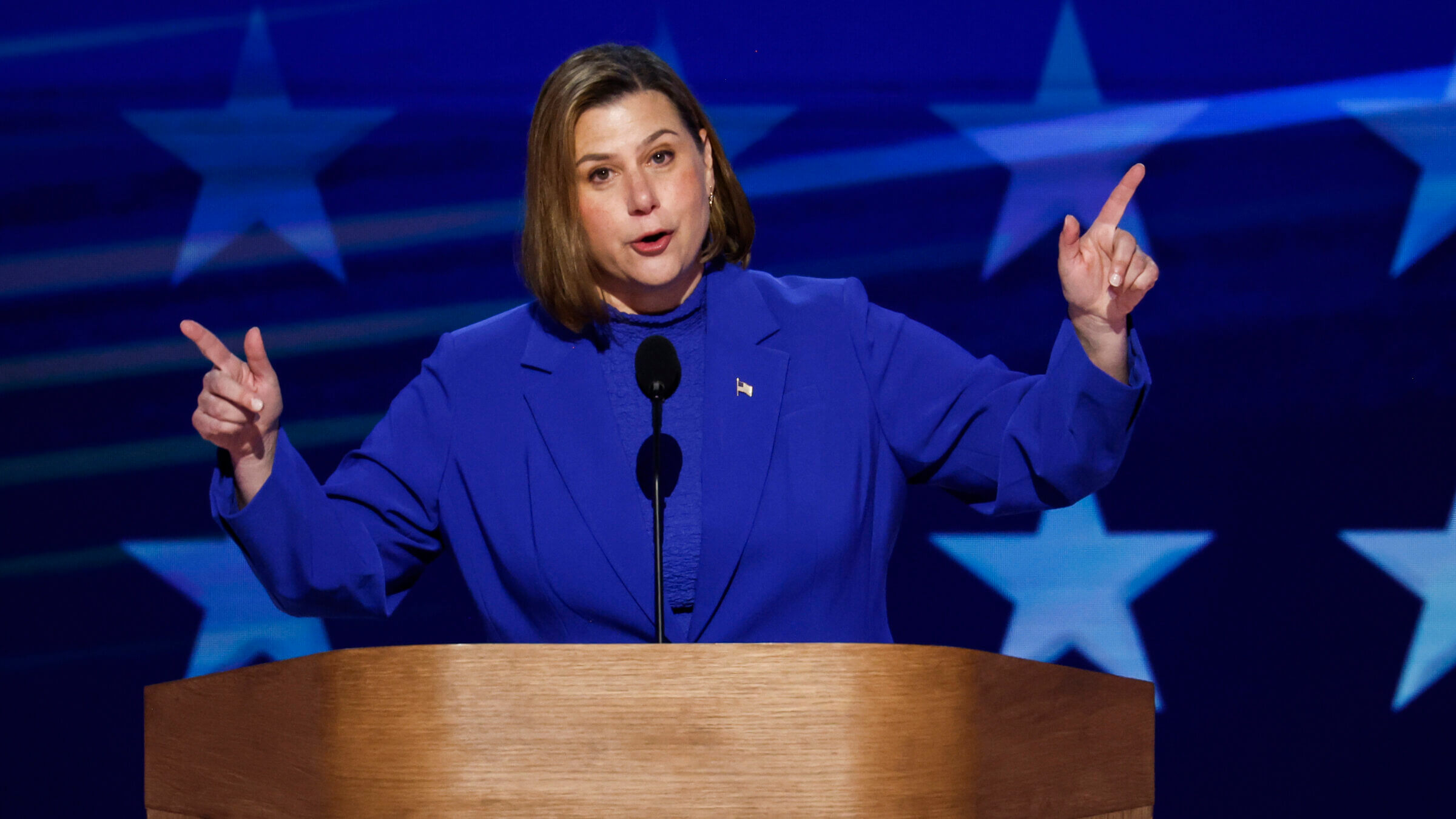  U.S. Rep. Elissa Slotkin (D-MI) speaks on stage during the final day of the Democratic National Convention on Aug. 22, 2024 in Chicago, Illinois.