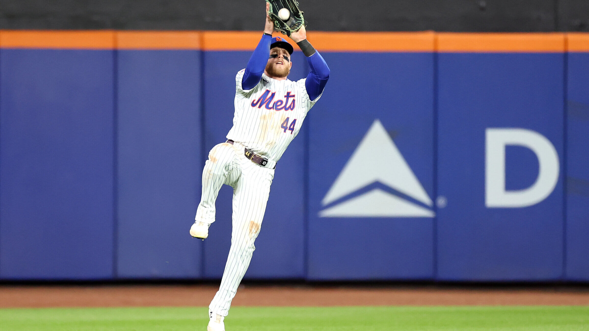 Jewish center fielder Harrison Bader of the New York Mets catches a fly ball during Game 3 of the division series at Citi Field. 