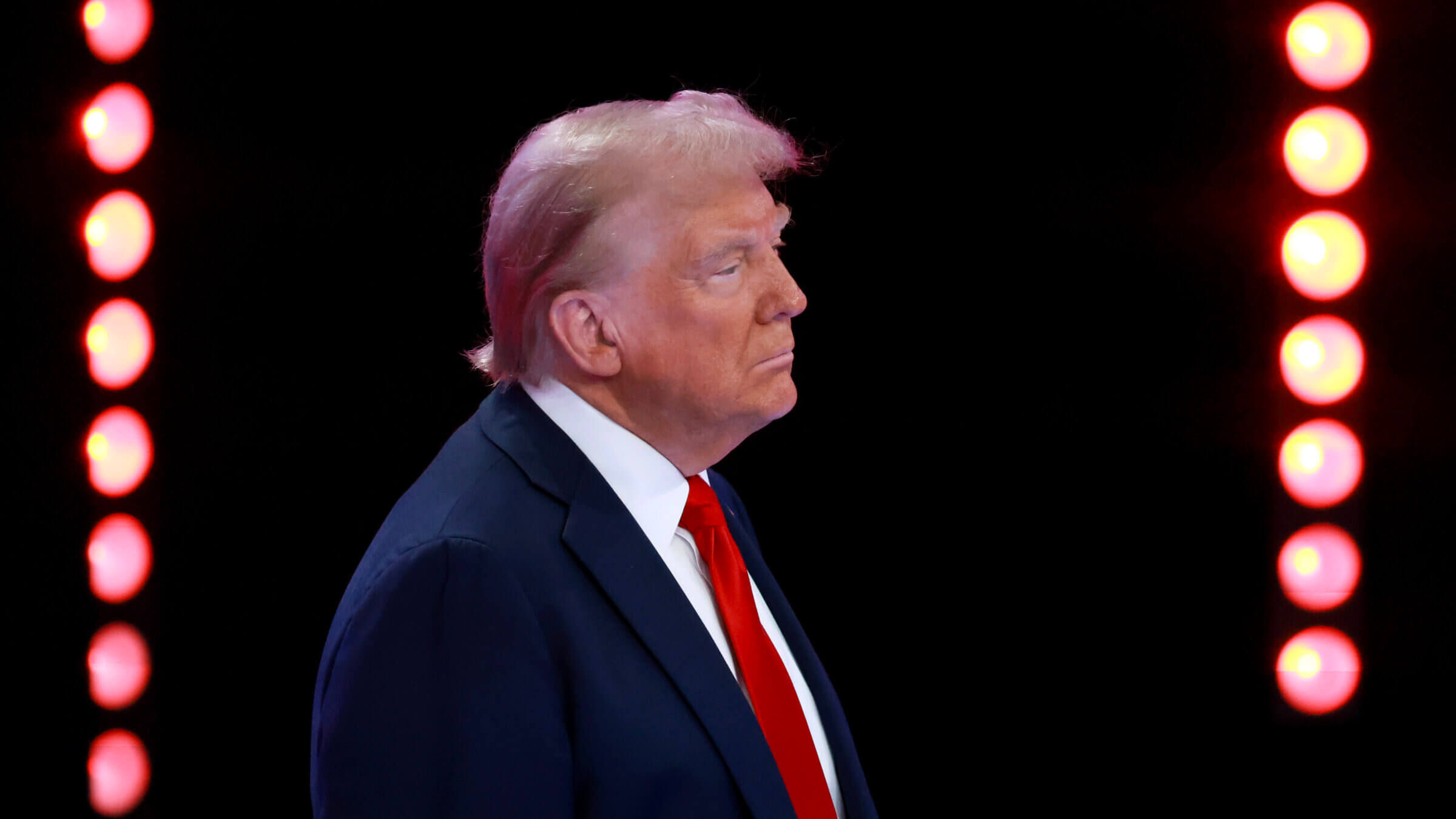  Republican presidential nominee, former U.S. President Donald Trump looks on during a Univision Noticias town hall event on October 16, 2024 in Doral, Florida.