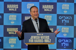 Doug Emhoff, the second gentleman, speaks to Jewish voters in Southfield, Michigan on Oct. 20, 2024.