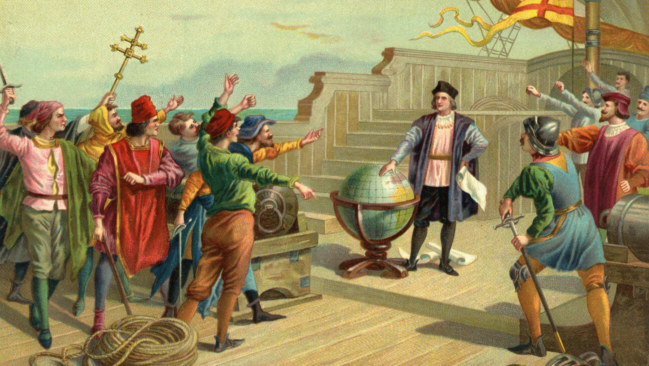 Vintage illustration of Christopher Columbus on the deck of the Santa Maria in 1492.