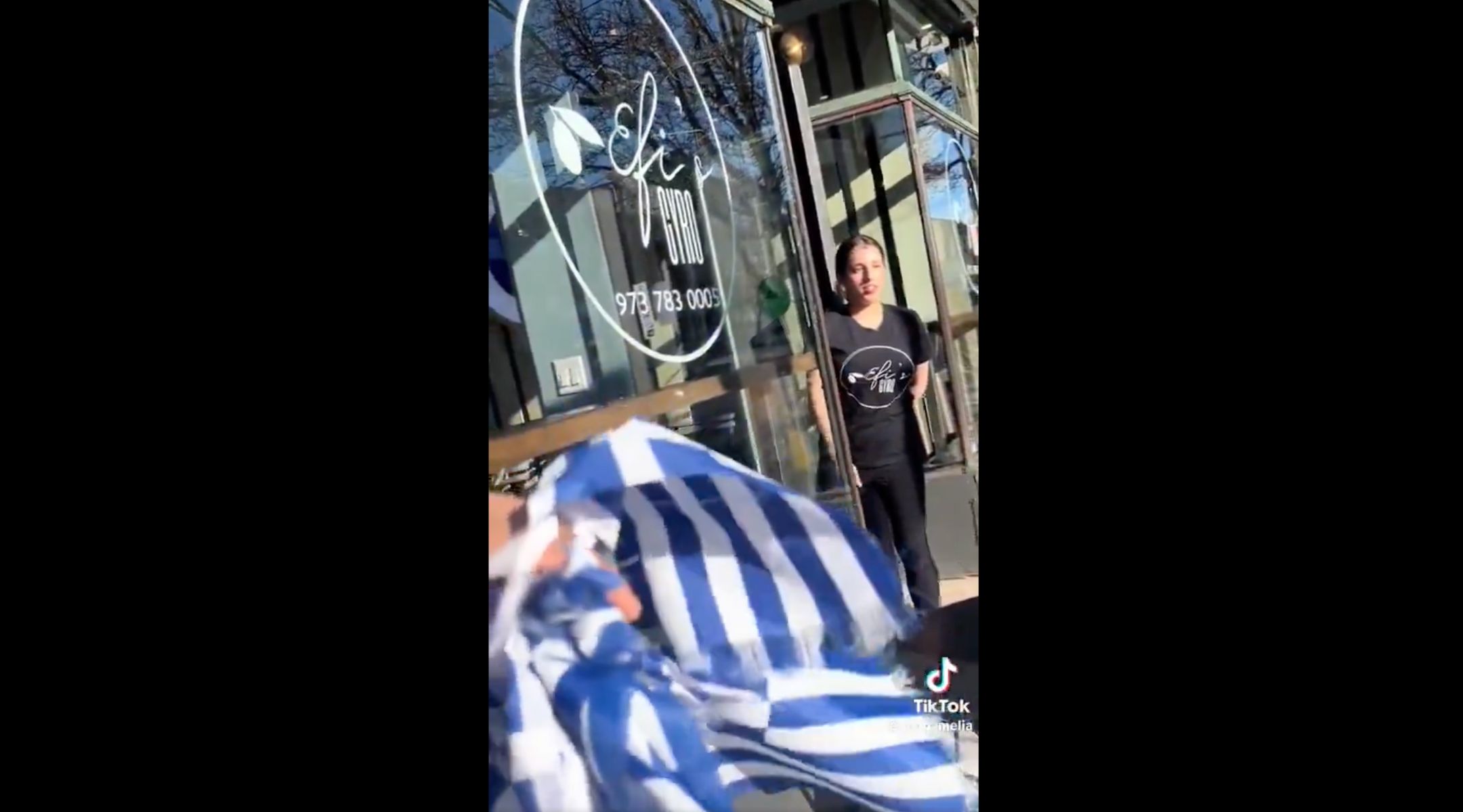 TikTok user Amber Matthews (not pictured) accosted employees at Efi’s Gyro in Montclair, New Jersey, over Greek flags she thought were Israeli flags. (Screenshot from X)