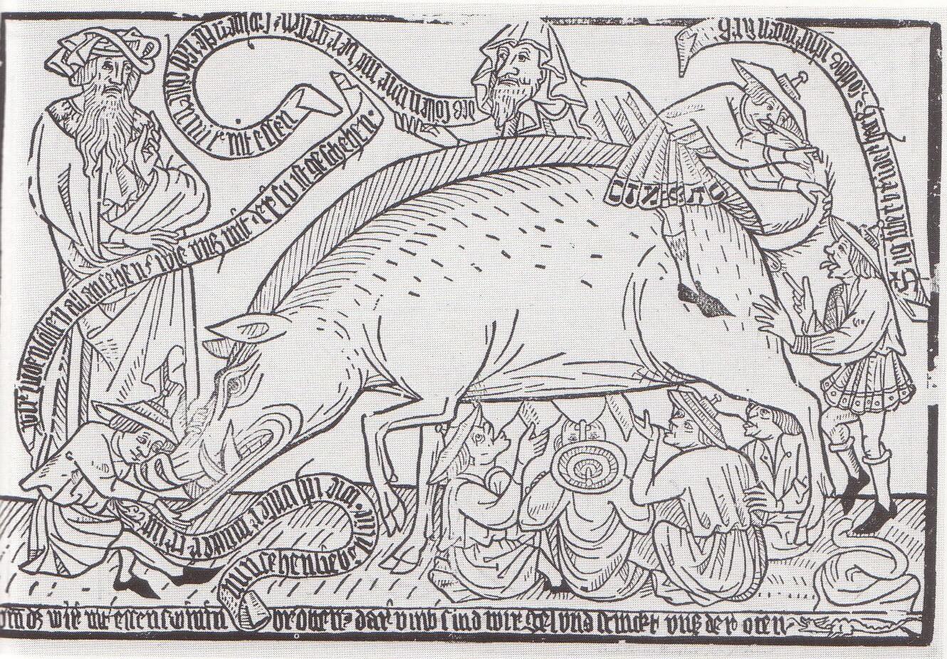 A woodcut from Kupferstichkabinet, Munich, circa 1470, showing the Judensau, an antisemitic symbol featuring Jews loving pigs.