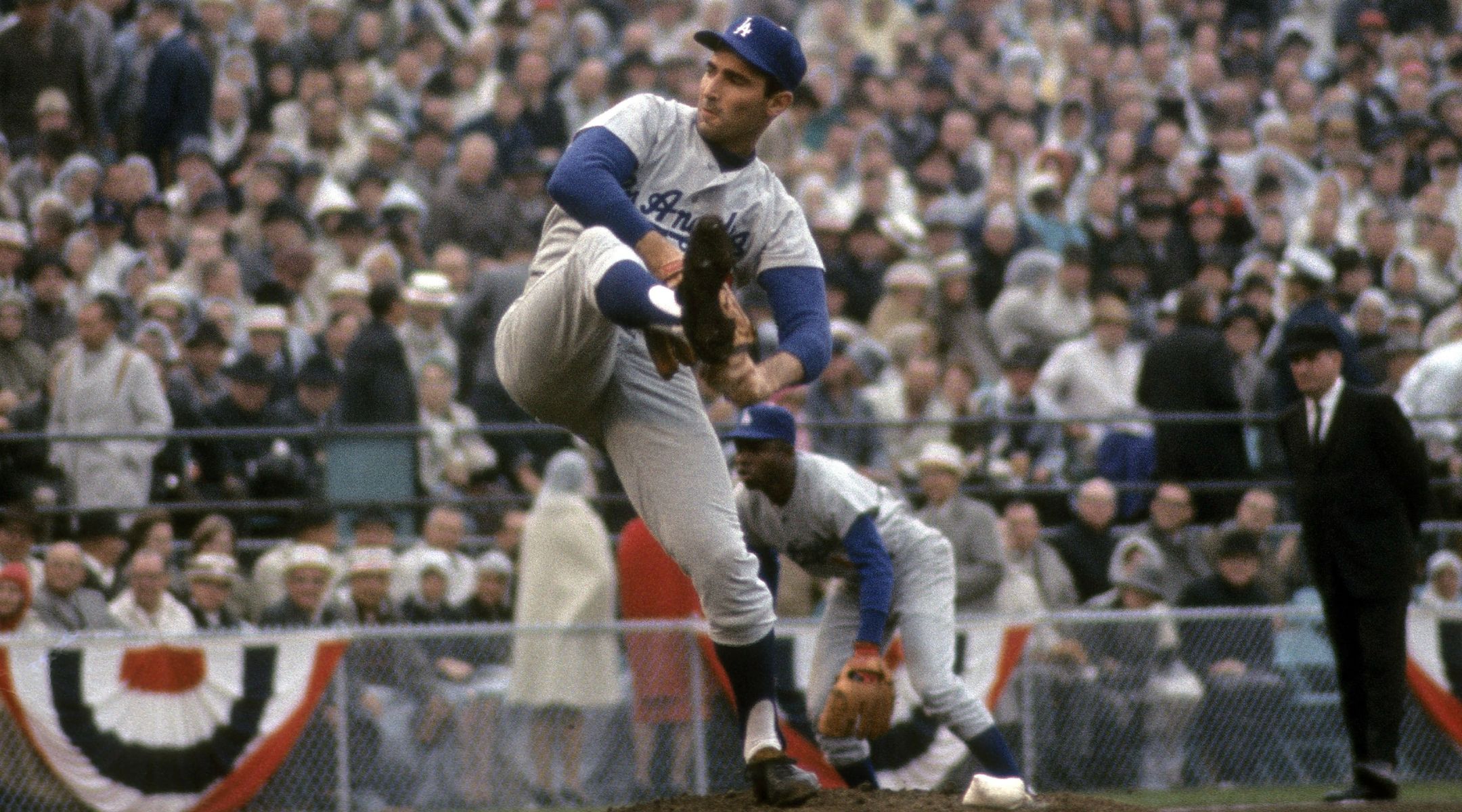 Sandy Koufax pitches during Game 7 of the 1965 World Series between the Los Angeles Dodgers and the Minnesota Twins, Oct. 14, 1965, at Metropolitan Stadium in Minneapolis. (Focus on Sport/Getty Images)