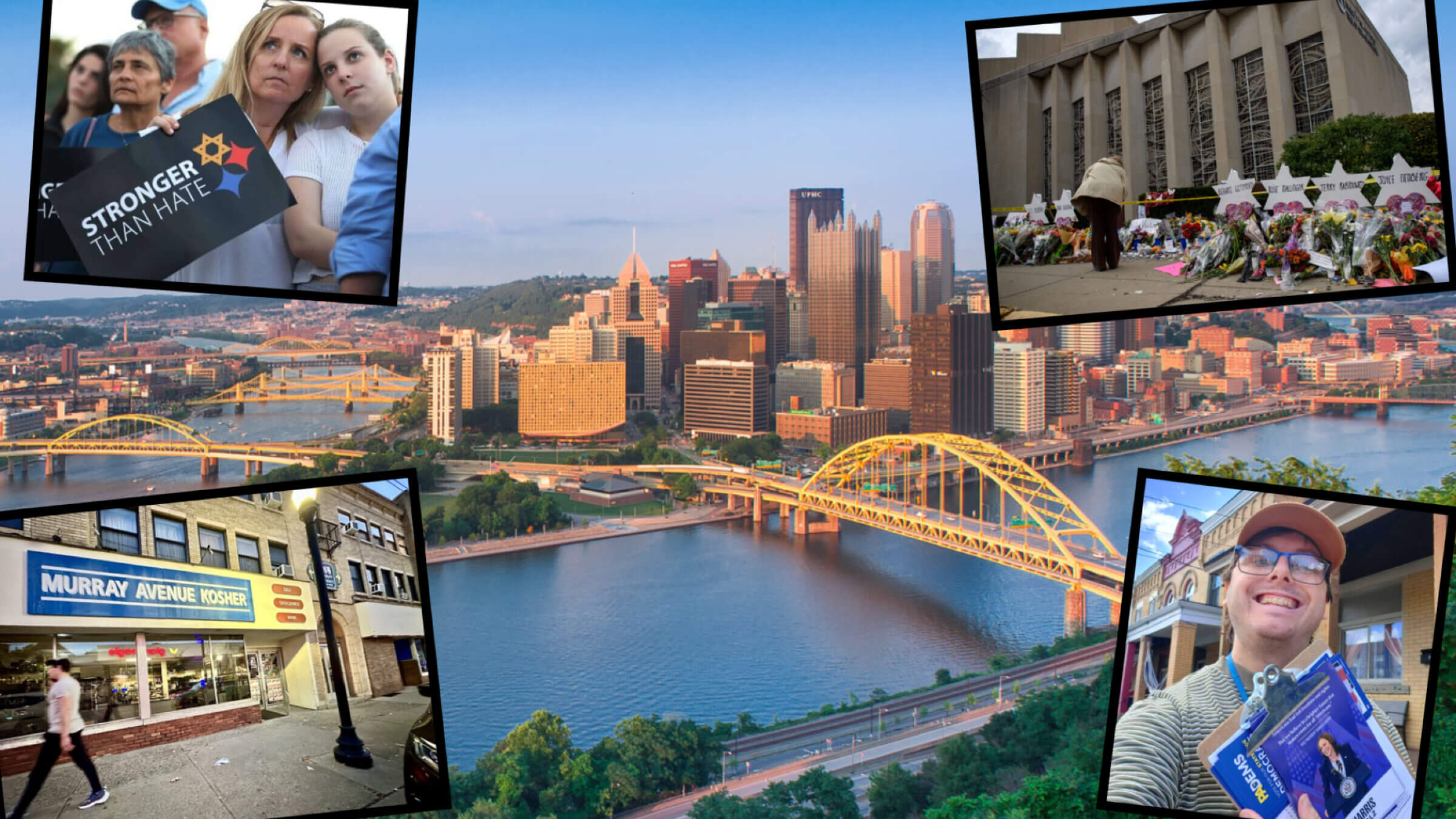 Pittsburgh aerial view by Haizhan Zheng/iStock; Pittsburgh street by Benyamin Cohen, vigil and mourner outside Tree of Life by Getty Images, campaign volunteer by JP Leskovich.