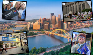 Pittsburgh aerial view by Haizhan Zheng/iStock; Pittsburgh street by Benyamin Cohen, vigil and mourner outside Tree of Life by Getty Images, campaign volunteer by JP Leskovich.