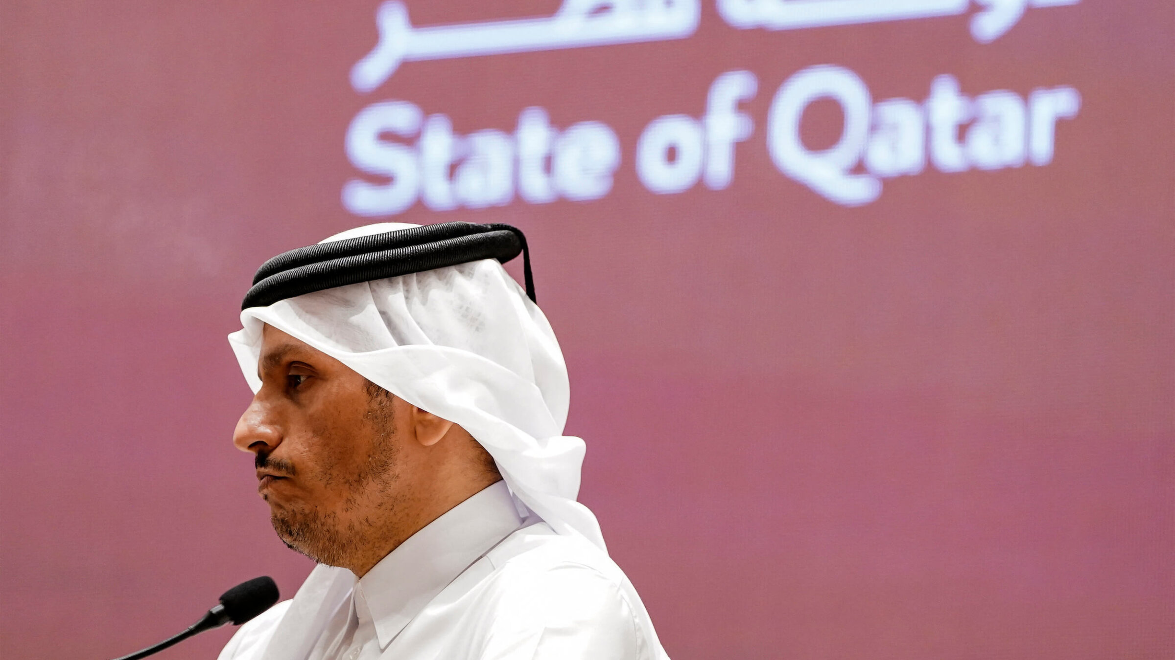 Sheikh Mohammed bin Abdulrahman bin Jassim al-Thani, Qatar's prime minister and foreign affairs minister, reacts during a joint press conference with U.S. Secretary of State Antony Blinken in Doha on Oct. 24.