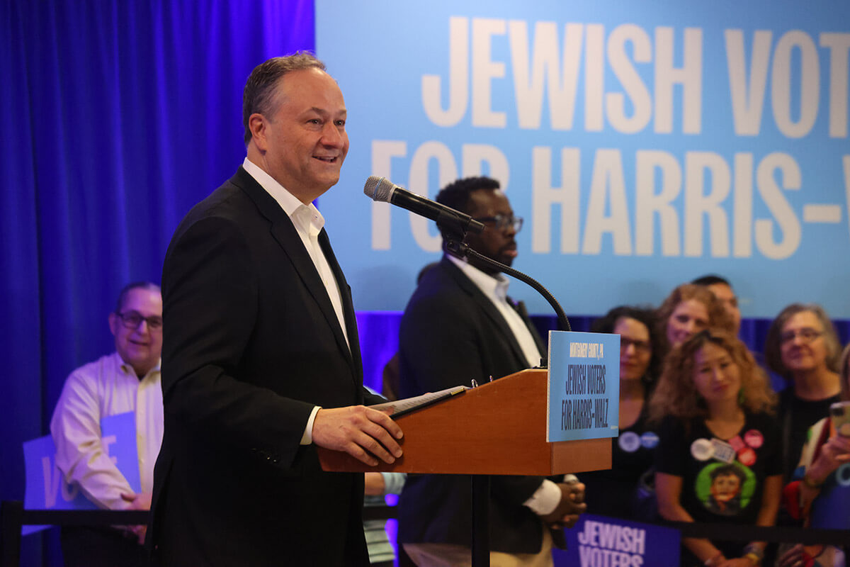 Doug Emhoff at a campaign event for Jewish voters in Pennsylvania on Oct. 13, 2024.