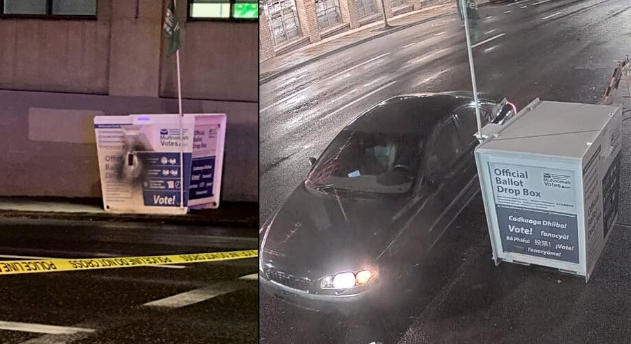 The Portland Police Bureau released these pictures of the ballot box and the suspect's vehicle, an early 2000s Volvo sedan.