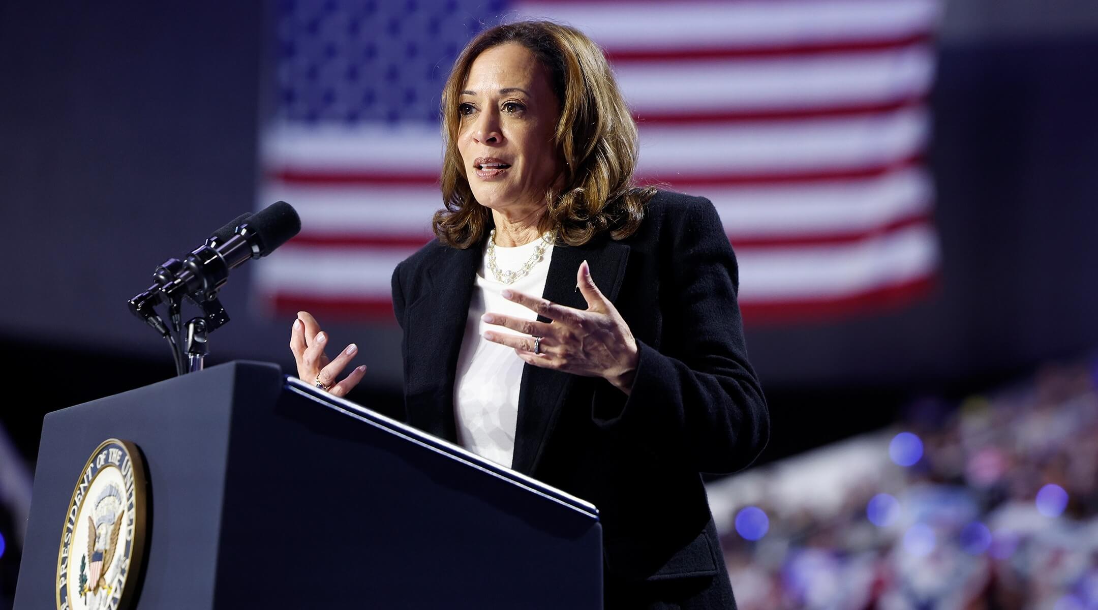 Democratic presidential nominee, U.S. Vice President Kamala Harris speaks at a campaign rally at the Bojangles Arena in Charlotte, North Carolina, Sept. 12, 2024. (Anna Moneymaker/Getty Images)