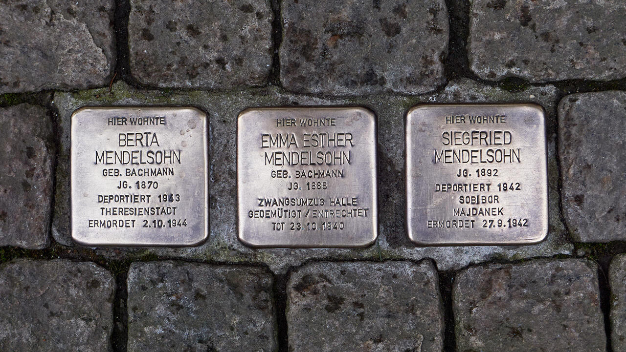 Three of 10 Stolpersteine, or Stumbling Stones, memorializing Jews murdered by the Nazis that appeared in Zeitz, Germany, before they were stolen on Oct. 7, 2024. (Courtesy Sebastian Striegel)