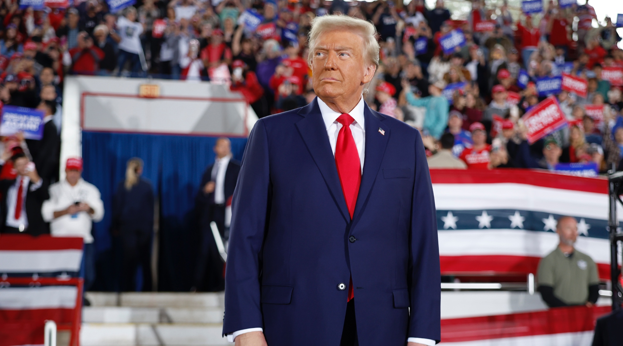 Republican presidential nominee, former U.S. President Donald Trump takes the stage during a campaign rally at the J.S. Dorton Arena, Raleigh, North Carolina, Nov. 4, 2024. (Chip Somodevilla/Getty Images)