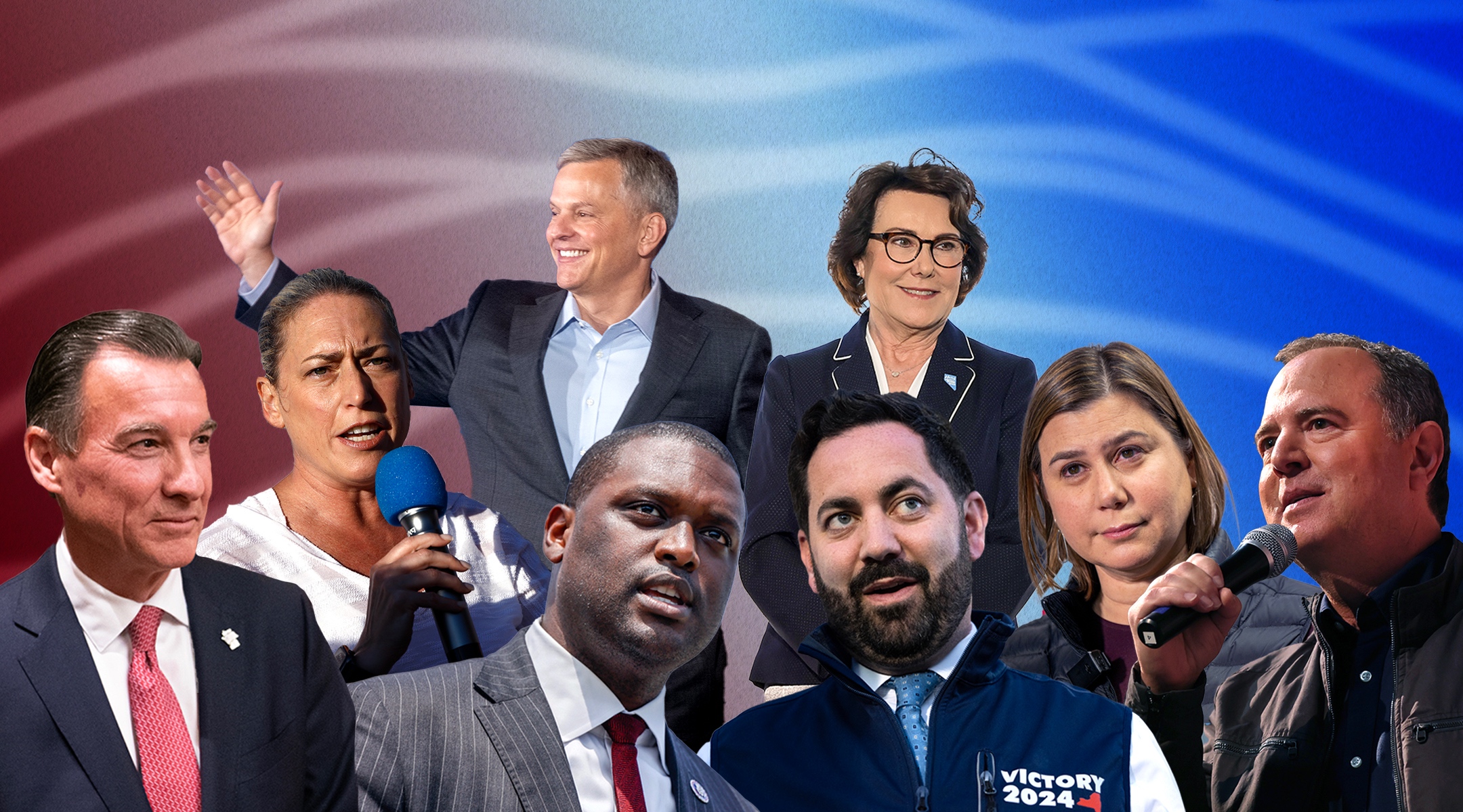 From left to right, back row: Josh Stein, Jacky Rosen; front row: Tom Suozzi, Alison Esposito, Mondaire Jones, Mike Lawler, Elissa Slotkin, Adam Schiff. (Collage by Grace Yagel/Getty Images)